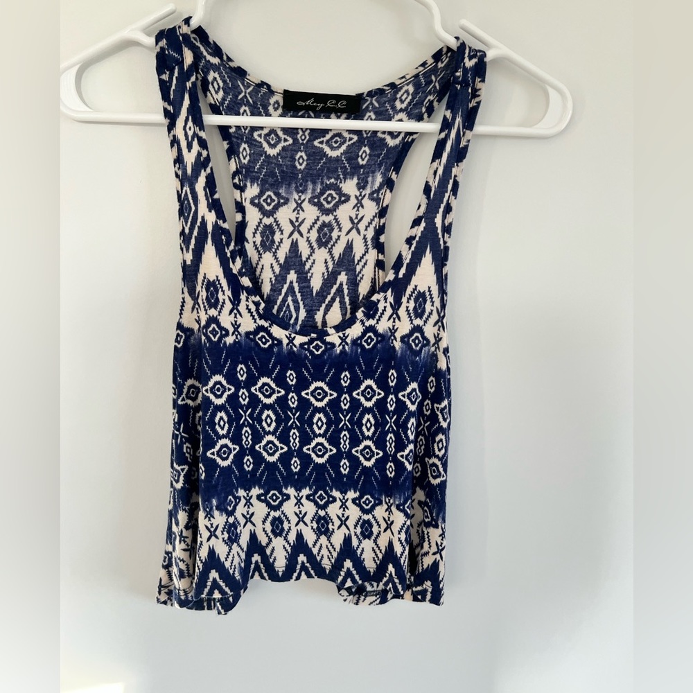 Blue and white patterned cropped tank top
